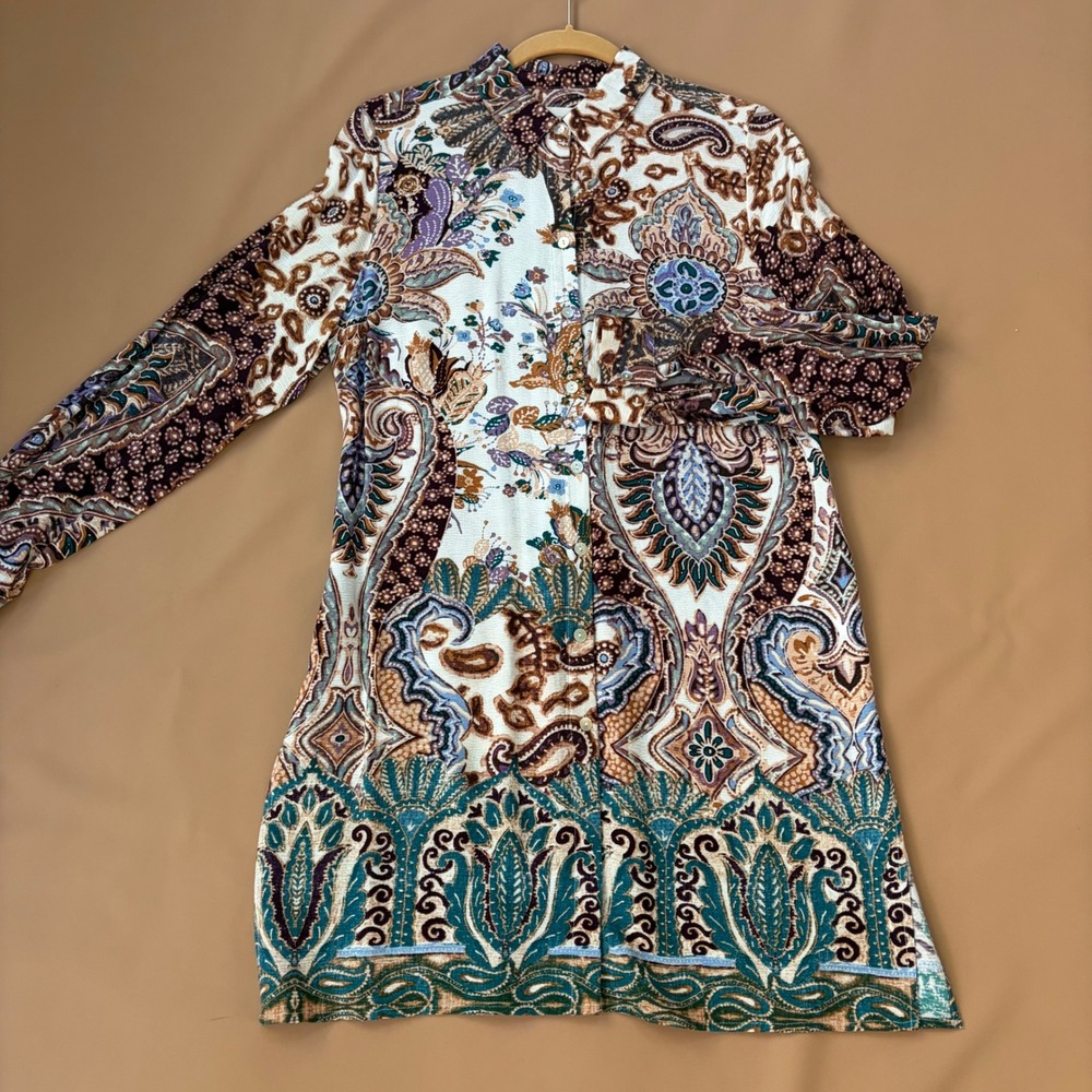Chicos Women Paisley Floral Button Down Tunic Shirt Size 0 Small Boho Earthy
